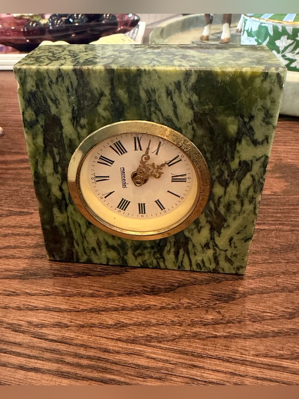 Green Marble Mercedes Mantel Clock with Gold Trim